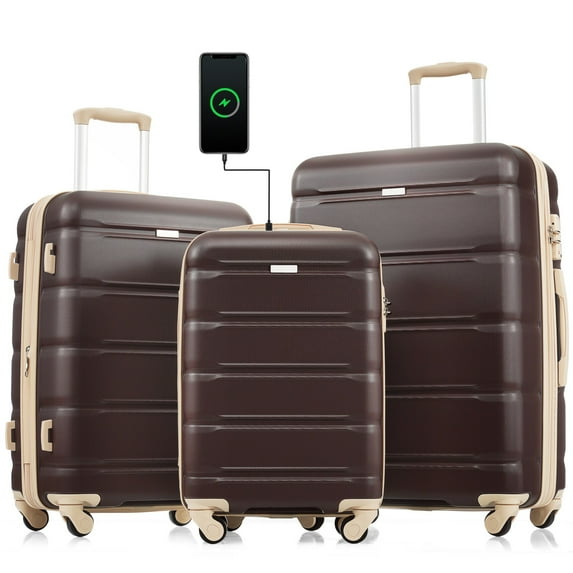 3 Piece Luggage Set with Spinner Wheels, Cup Holder, TSA Approved Locks, 20-inch Luggage with USB Port, Lightweight Travel Bag Collection With 24", 28 " Expandable Suitcases, Brown