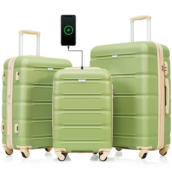 3 Piece Luggage Set with Spinner Wheels, Cup Holder, TSA Approved Locks, 20-inch Luggage with USB Port, Lightweight Travel Bag Collection With 24", 28 " Expandable Suitcases, Light Green