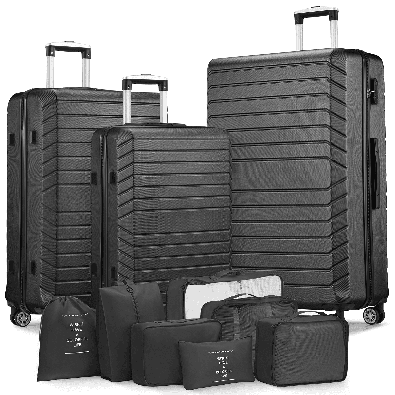 3 Piece Luggage Sets 20/24/28 inch Travel Suitcase Set with 7PCS Organizer Bags, Black