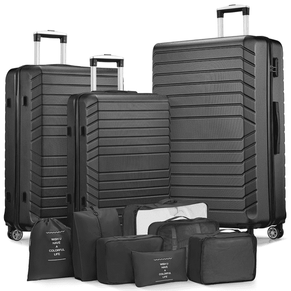 3 Piece Luggage Sets 20/24/28 inch Travel Suitcase Set with 7PCS Organizer Bags, Black