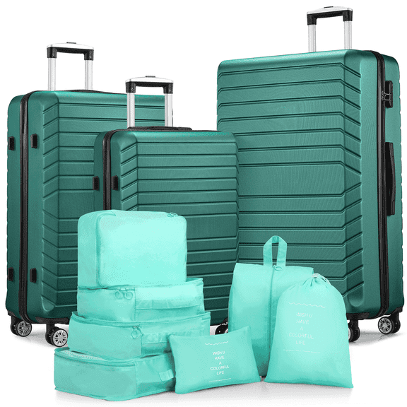 3 Piece Luggage Sets 20/24/28 inch Travel Suitcase Set with 7PCS Organizer Bags, Green