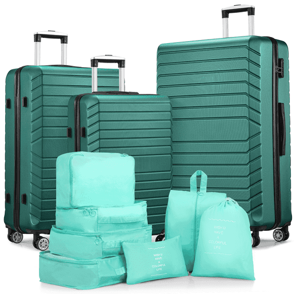 3 Piece Luggage Sets 20/24/28 inch Travel Suitcase Set with 7PCS Organizer Bags, Green