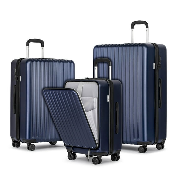 3 Piece Luggage Sets,Front Open Hard Shell 100% PC Suitcase With Double Spinner Wheels & TSA Lock