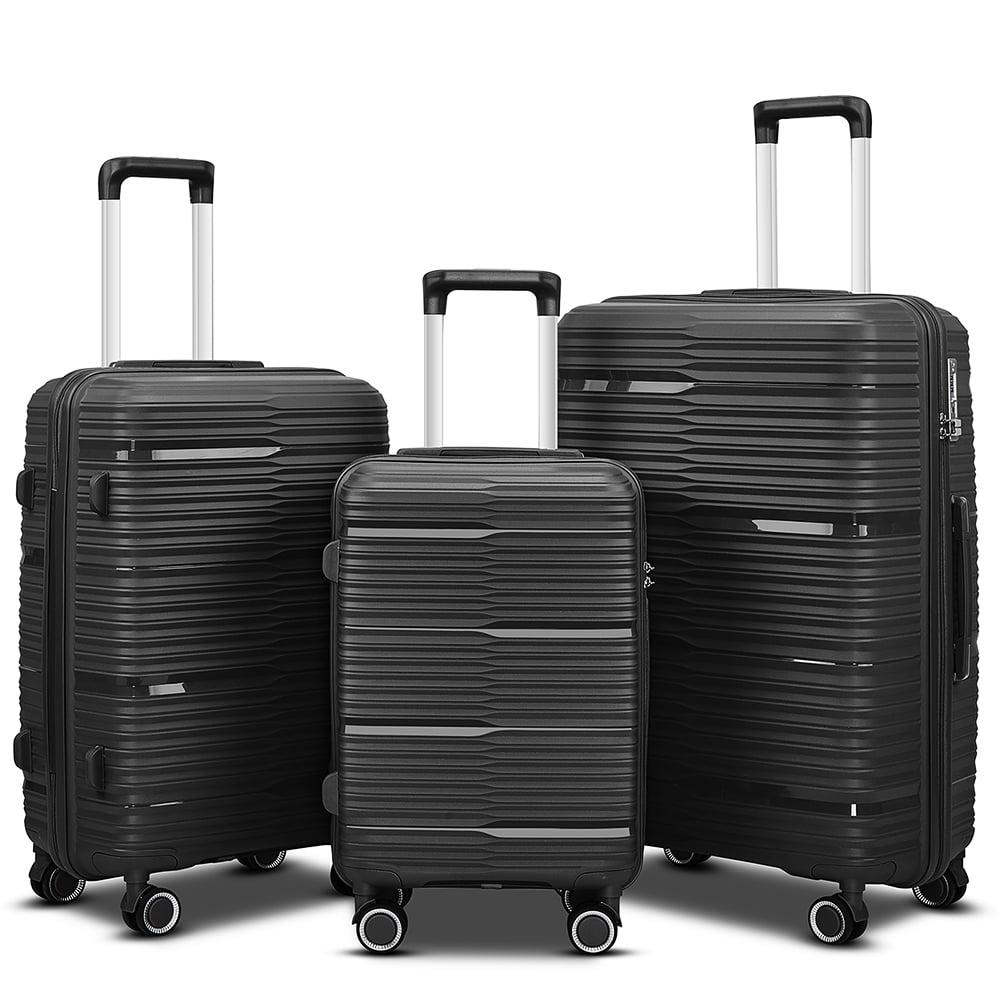 3 Piece Luggage Sets, PP Hardside Suitcase Set, TSA Lock, Black