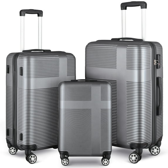 3 Piece Luggage Sets with TSA Lock ABS, Durable Luggage Set, Lightweight Suitcase with Hooks, Spinner Wheels, Cross Stripe Luggage Sets 20in/24in/28in(Silver+Greye)