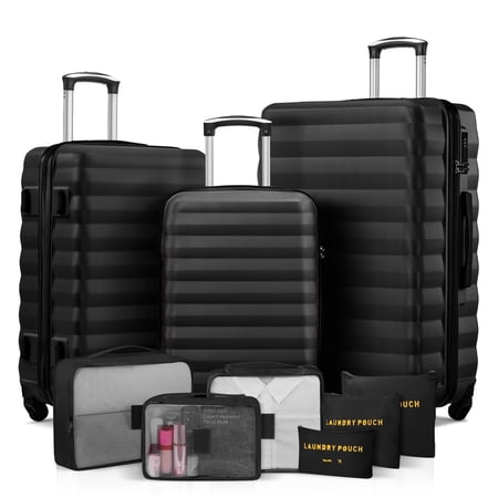 3 Piece Luggage Sets with 6 PC Organize Bags Lightweight Suitcases with Spinner Wheels, Black