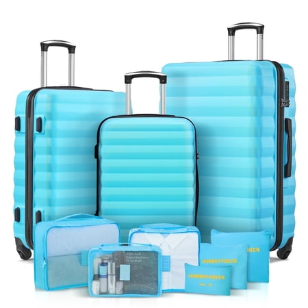 3 Piece Luggage Sets with 6 PC Organize Bags Lightweight Suitcases with Spinner Wheels, Blue