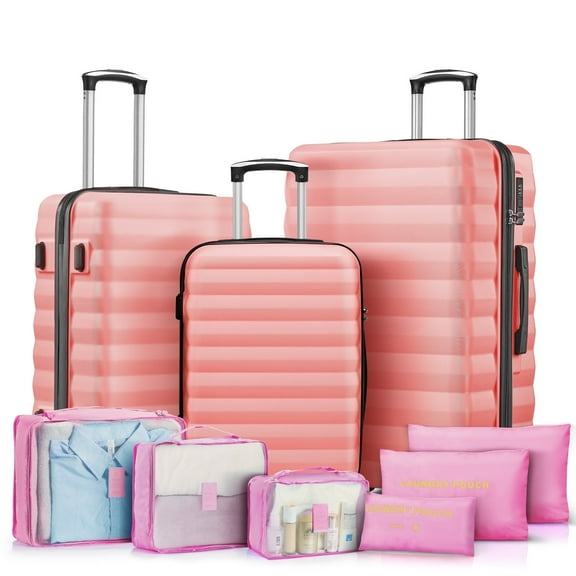 3 Piece Luggage Sets with 6 PC Organize Bags Lightweight Suitcases with Spinner Wheels, Pink