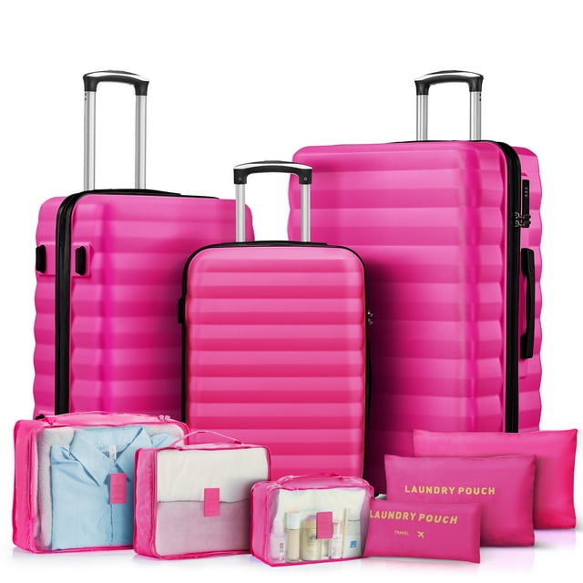 3 Piece Luggage Sets with 6 PC Organize Bags Lightweight Suitcases with Spinner Wheels, Rose Red