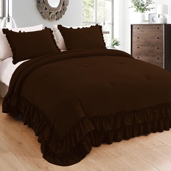 3 Piece Luxury 5 Inch Two Layer Ruffle Comforter 550 GSM All Season (Full/Queen Size) Premium Super Soft - 800 TC, 100% Egyptian Cotton- Solid Chocolate Colour