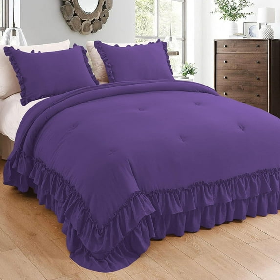 3 Piece Luxury 5 Inch Two Layer Ruffle Comforter 550 GSM All Season (Full/Queen Size) Premium Super Soft - 800 TC, 100% Egyptian Cotton- Solid Purple Colour