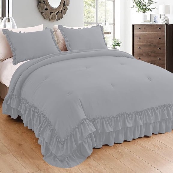 3 Piece Luxury 5 Inch Two Layer Ruffle Comforter 550 GSM All Season (Full/Queen Size) Premium Super Soft - 800 TC, 100% Egyptian Cotton- Solid Silver Colour