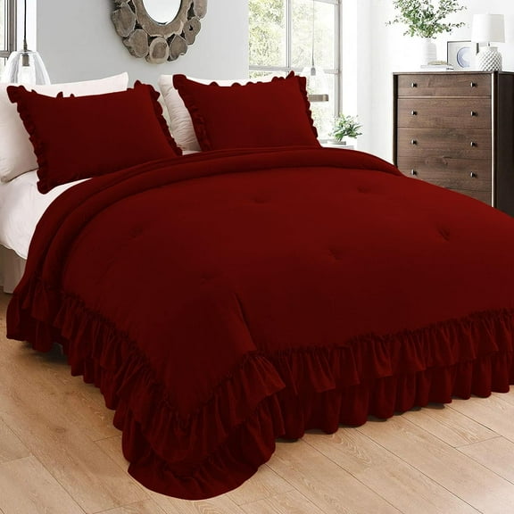 3 Piece Luxury 5 Inch Two Layer Ruffle Comforter 550 GSM All Season (Oversized Queen Size) Premium Super Soft - 800 TC, 100% Egyptian Cotton- Solid Burgundy Colour