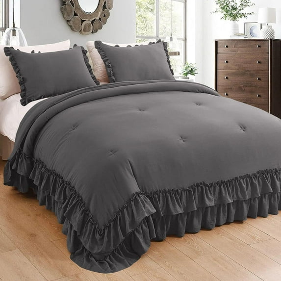 3 Piece Luxury 5 Inch Two Layer Ruffle Comforter 550 GSM All Season (Oversized Queen Size) Premium Super Soft - 800 TC, 100% Egyptian Cotton- Solid Dark Grey Colour