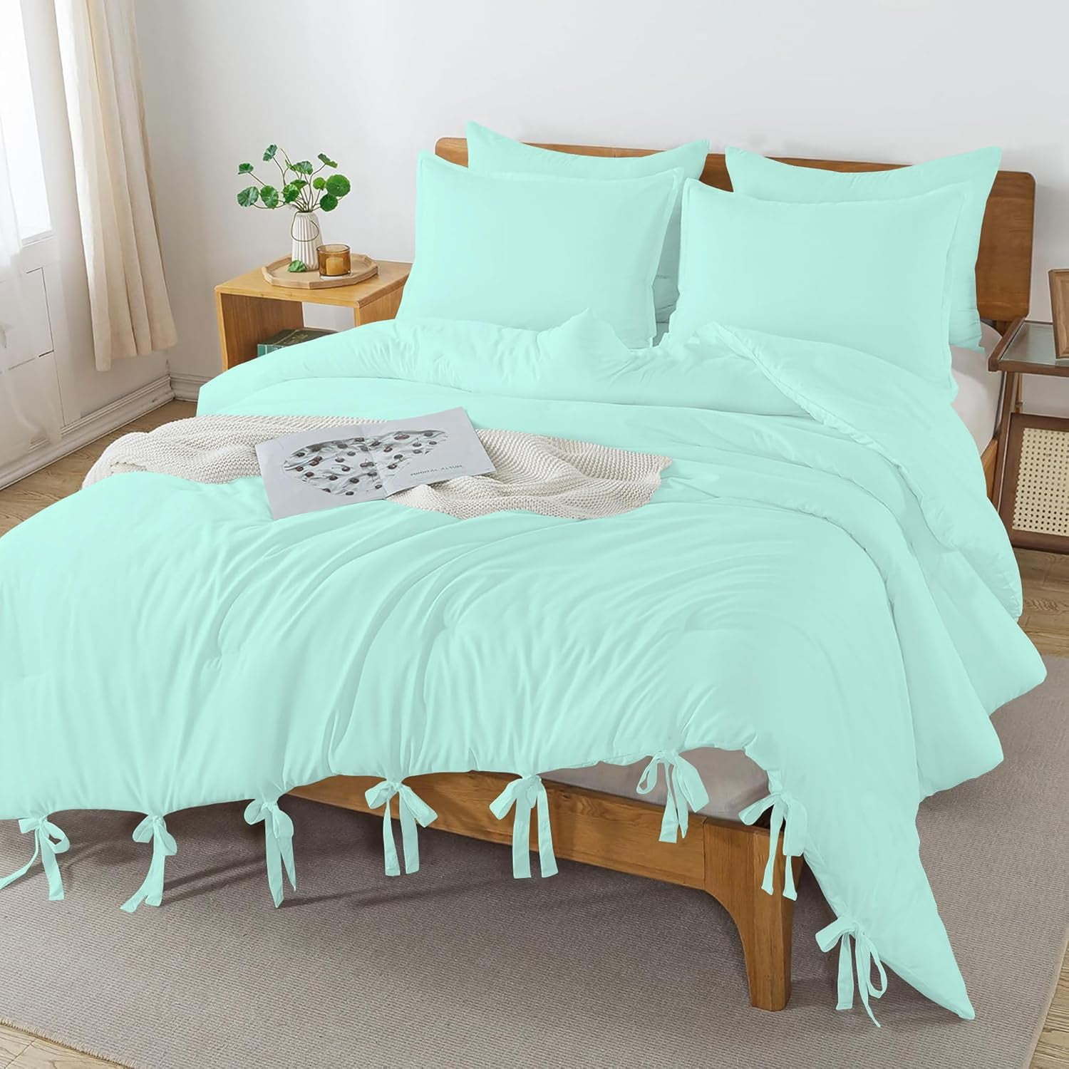 3 Piece Luxury Bottom Tie Pattern Comforter Set, 800 TC, 100% Egyptian Cotton, King/California King Size Aqua Blue Solid