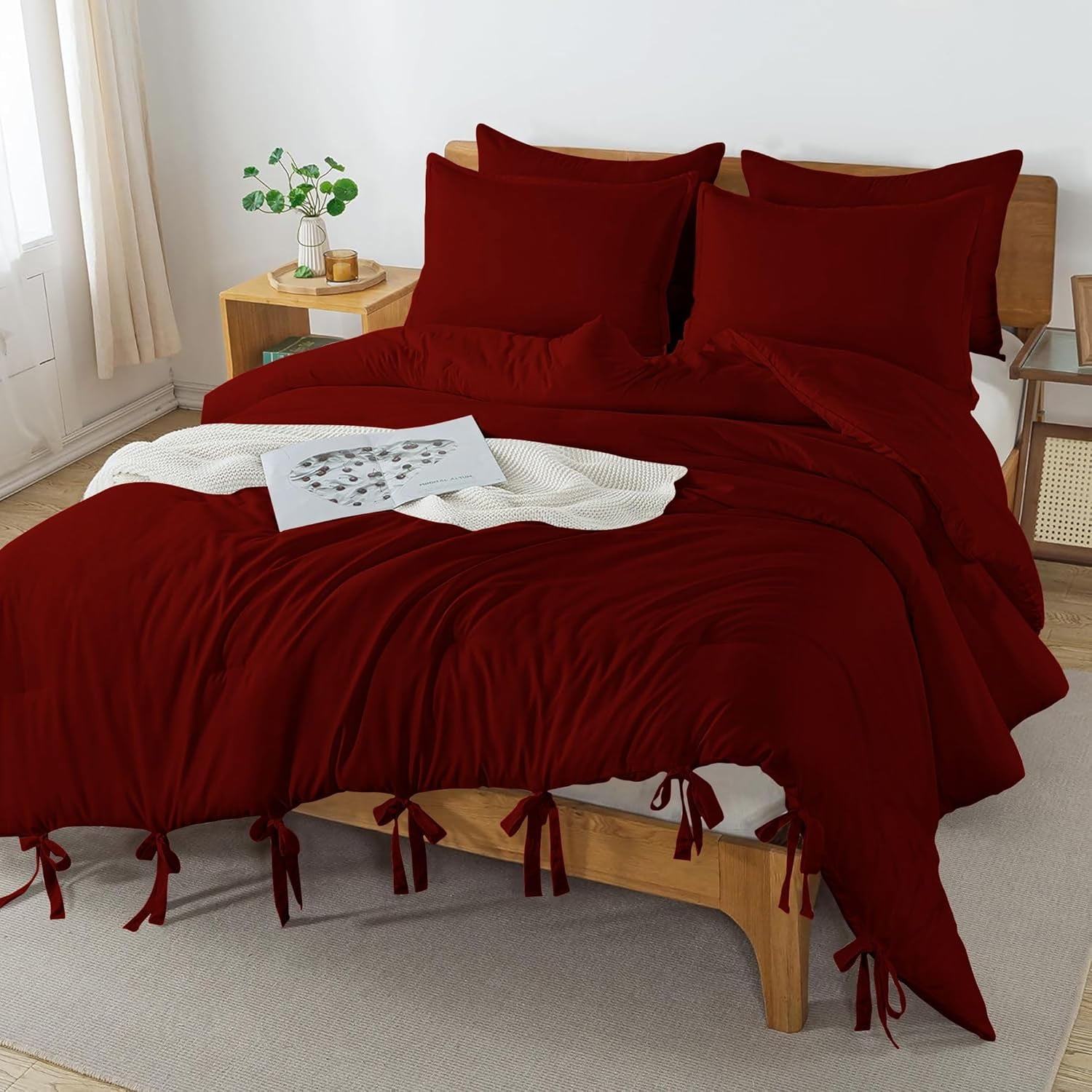 3 Piece Luxury Bottom Tie Pattern Comforter Set, 800 TC, 100% Egyptian Cotton, King/California King Size Burgundy Solid