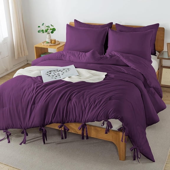 3 Piece Luxury Bottom Tie Pattern Comforter Set, 800 TC, 100% Egyptian Cotton, King/California King Size Plum Solid