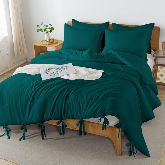 3 Piece Luxury Bottom Tie Pattern Comforter Set, 800 TC, 100% Egyptian Cotton, King/California King Size Teal Solid