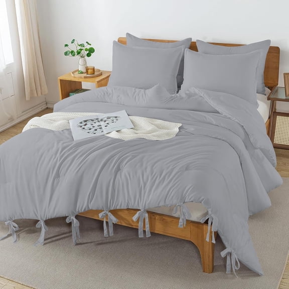3 Piece Luxury Bottom Tie Pattern Comforter Set, 800 TC, 100% Egyptian Cotton, Oversized Super King Size Silver Solid