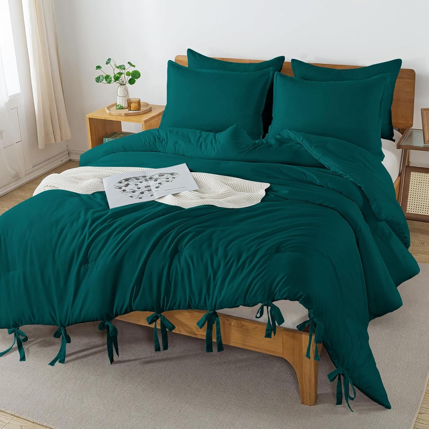 3 Piece Luxury Bottom Tie Pattern Comforter Set, 800 TC, 100% Egyptian Cotton, Oversized Super King Size Teal Solid