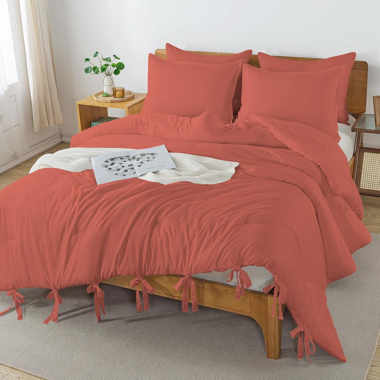 3 Piece Luxury Bottom Tie Pattern Comforter Set, 800 TC, 100% Egyptian Cotton, Super King Size Brick Red Solid
