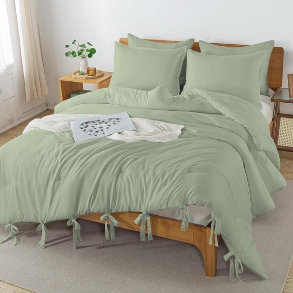 3 Piece Luxury Bottom Tie Pattern Comforter Set, 800 TC, 100% Egyptian Cotton, Super King Size Light Sage Solid