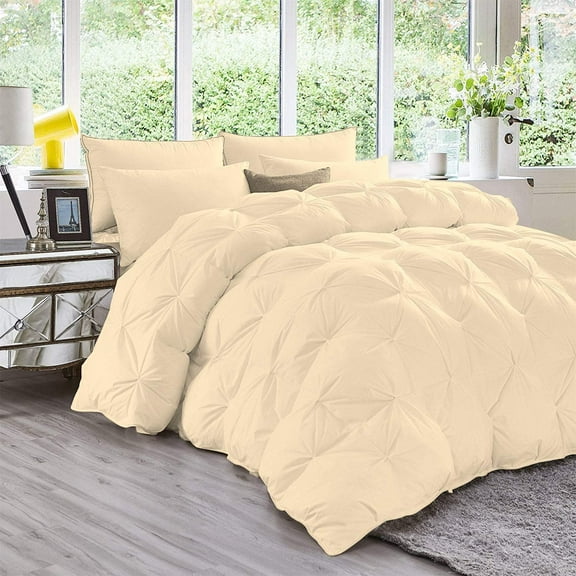 3 Piece Luxury Pinch Pleated Comforter Set Premium Super Soft 800 Thread Count 100% Egyptian Cotton 400 GSM All Season Pintuck Comforter- Full/Queen Size (90" x 90) Inch, Ivory Solid