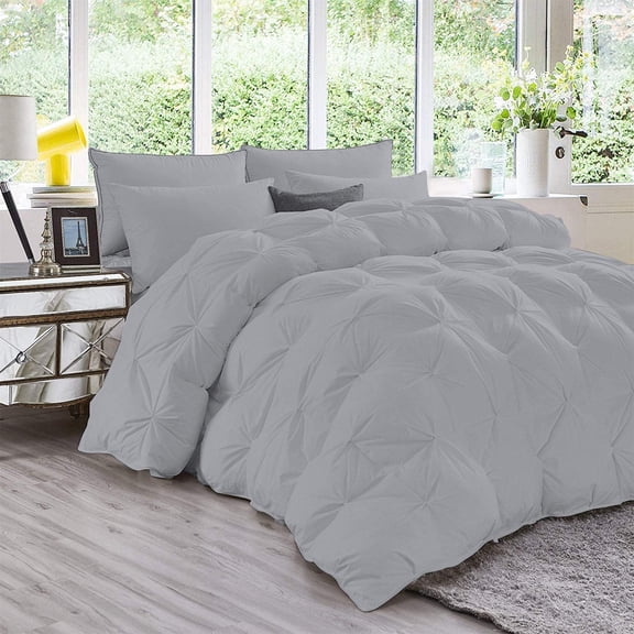 3 Piece Luxury Pinch Pleated Comforter Set Premium Super Soft 800 Thread Count 100% Egyptian Cotton 400 GSM All Season Pintuck Comforter- Full/Queen Size (90" x 90) Inch, Silver Solid