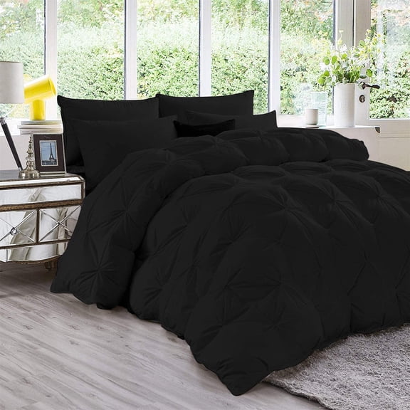 3 Piece Luxury Pinch Pleated Comforter Set Premium Super Soft 800 Thread Count 100% Egyptian Cotton 400 GSM All Season Pintuck Comforter- Full/Queen Size (90" x 90) Inch, Black Solid