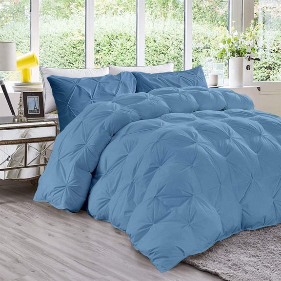 3 Piece Luxury Pinch Pleated Comforter Set Premium Super Soft 800 Thread Count 100% Egyptian Cotton 400 GSM All Season Pintuck Comforter- Oversized Super King Size (120" x 98) Inch, Medium Blue Solid