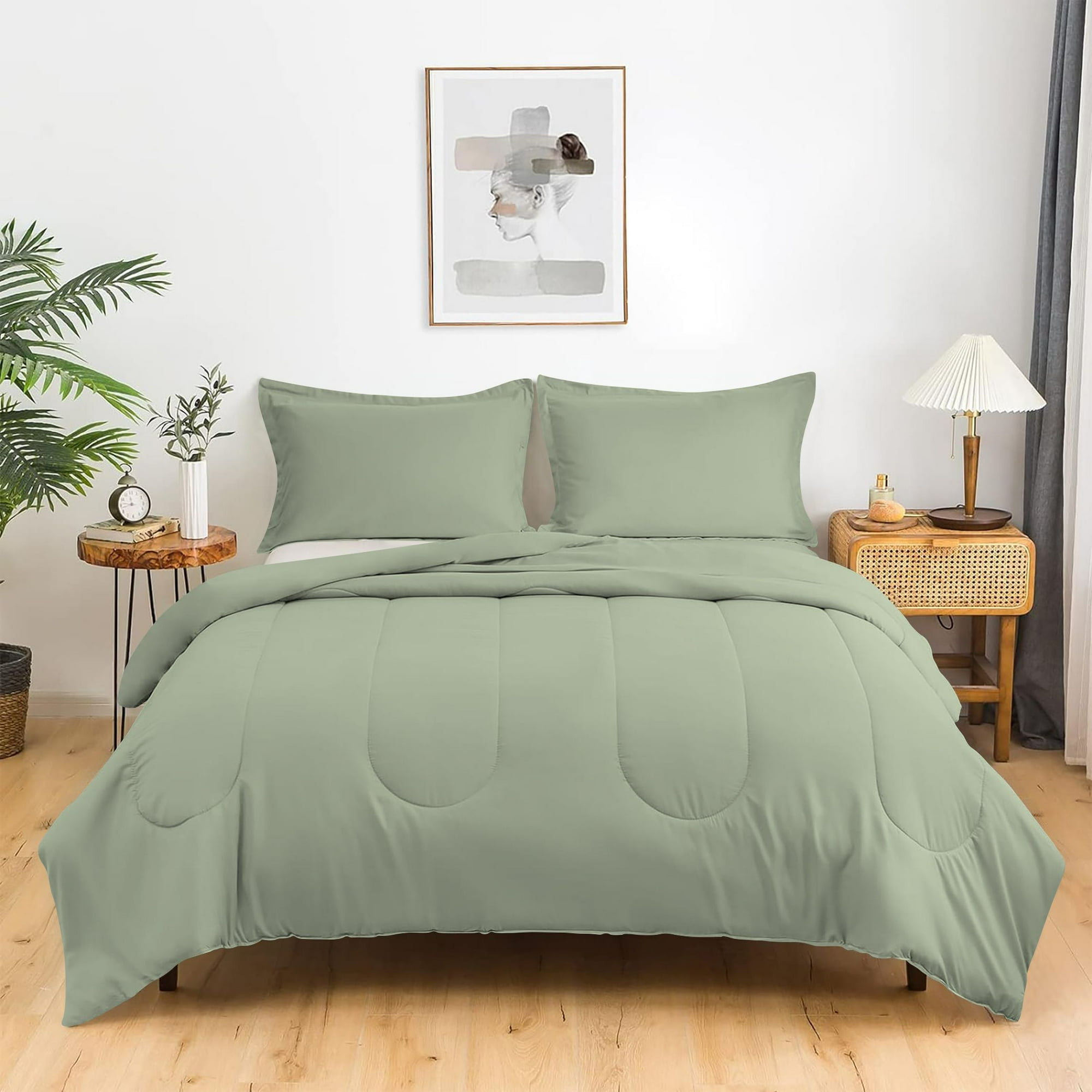 3 Piece Luxury Thicker Pattern Comforter Set, 800 TC, 100% Egyptian Cotton, King/California King Size Light Sage Solid Color