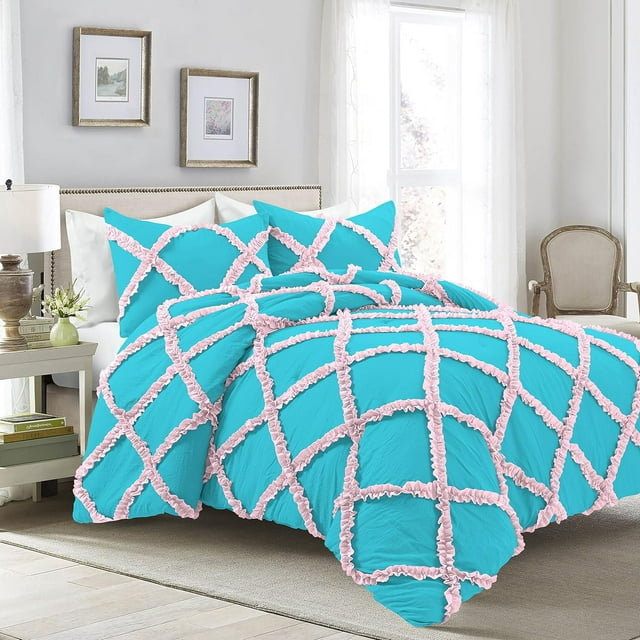 3 Piece Luxury Two Tone Diamond Ruffle Pattern Comforter Set Super Soft, All Season 800 Thread Count, 100% Egyptian Cotton, Super King Size Turquoise Blue-Light Pink Color