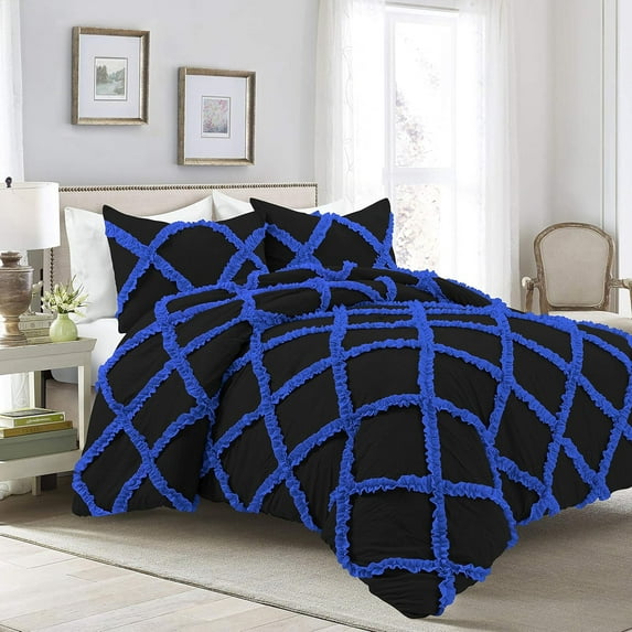 3 Piece Luxury Two Tone Diamond Ruffle Pattern Comforter Set Super Soft All Season 800 Thread Count, 100% Egyptian Cotton, Oversized Super King Size Royal Blue/Black Solid Color