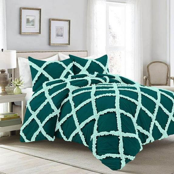 3 Piece Luxury Two Tone Diamond Ruffle Pattern Comforter Set Super Soft, All Season 800 Thread Count, 100% Egyptian Cotton, Full/Queen Size Teal-Aqua Blue Color
