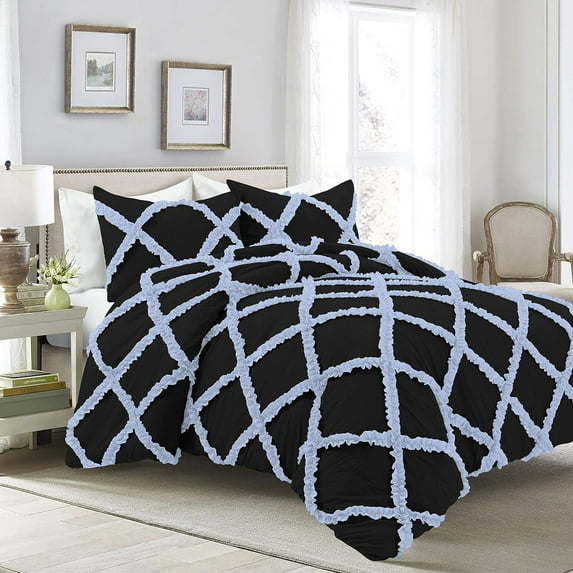 3 Piece Luxury Two Tone Diamond Ruffle Pattern Comforter Set Super Soft All Season 800 Thread Count, 100% Egyptian Cotton, King/California King Size Light Blue/Black Solid Color