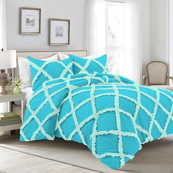 3 Piece Luxury Two Tone Diamond Ruffle Pattern Comforter Set Super Soft, All Season 800 Thread Count, 100% Egyptian Cotton, Twin/Twin XL Size Turquoise Blue-Aqua Blue Color