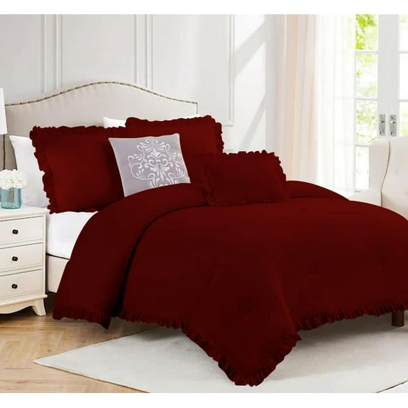 3 Piece Luxury Vintage Ruffle Pattern Comforter By D.N.G. BEDDINGS Set Premium Super Soft, All Season, 800 Thread Count 100% Egyptian Cotton King/California King Size Burgundy Color