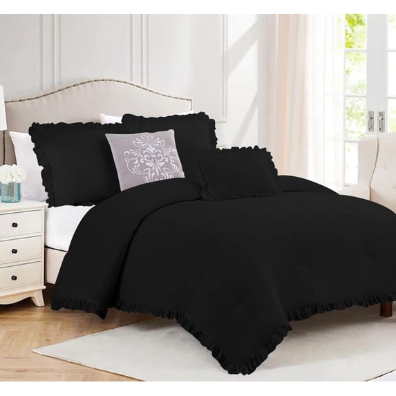 3 Piece Luxury Vintage Ruffle Pattern Comforter By D.N.G. BEDDINGS Set Premium Super Soft, All Season, 800 Thread Count 100% Egyptian Cotton Full/Queen Size Black Color