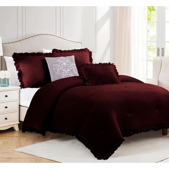 3 Piece Luxury Vintage Ruffle Pattern Comforter By D.N.G. BEDDINGS Set Premium Super Soft, All Season, 800 Thread Count 100% Egyptian Cotton Full/Queen Size Wine Color