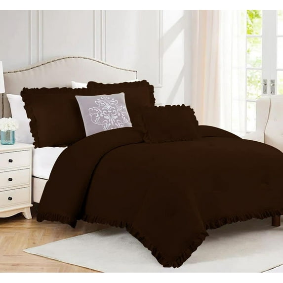 3 Piece Luxury Vintage Ruffle Pattern Comforter By D.N.G. BEDDINGS Set Premium Super Soft, All Season, 800 Thread Count 100% Egyptian Cotton Oversized Super King Size Chocolate Color