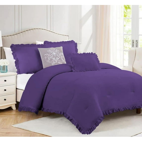 3 Piece Luxury Vintage Ruffle Pattern Comforter By D.N.G. BEDDINGS Set Premium Super Soft, All Season, 800 Thread Count 100% Egyptian Cotton Twin/Twin XL Size Purple Color