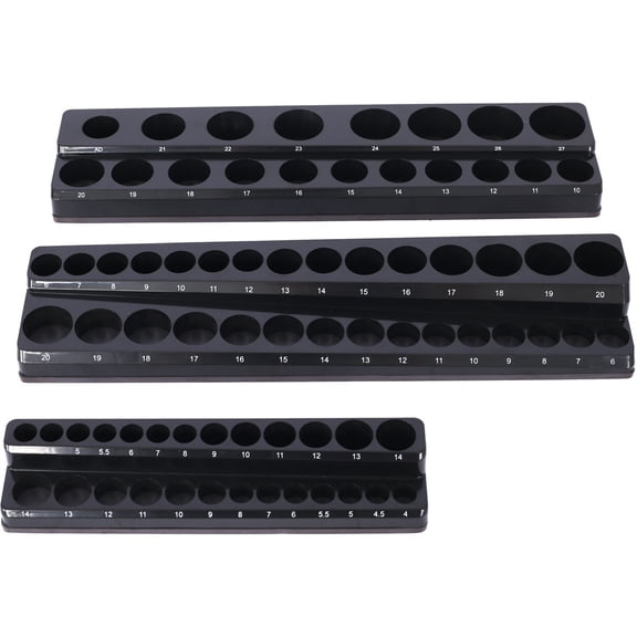 3 Piece Magnetic Socket Organizer Set, 1/2", 1/4" and 3/8" Socket Holder Kit, Attaches to Steel Box / Tool