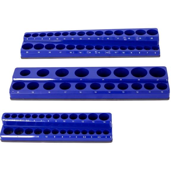 3 Piece Magnetic Socket Organizer Set, 1/2", 1/4" and 3/8" Socket Holder Kit, Attaches to Steel Box / Tool