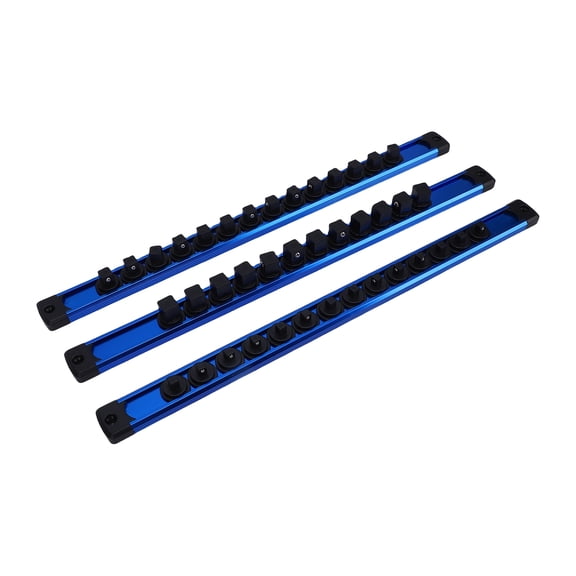 3-Piece Magnetic Socket Organizer Tray Set, Aluminum Alloy Tool Holder Rail with 40 Clips for 1/4", 3/8", 1/2" Sockets, 360-Degree Swivel Garage Storage
