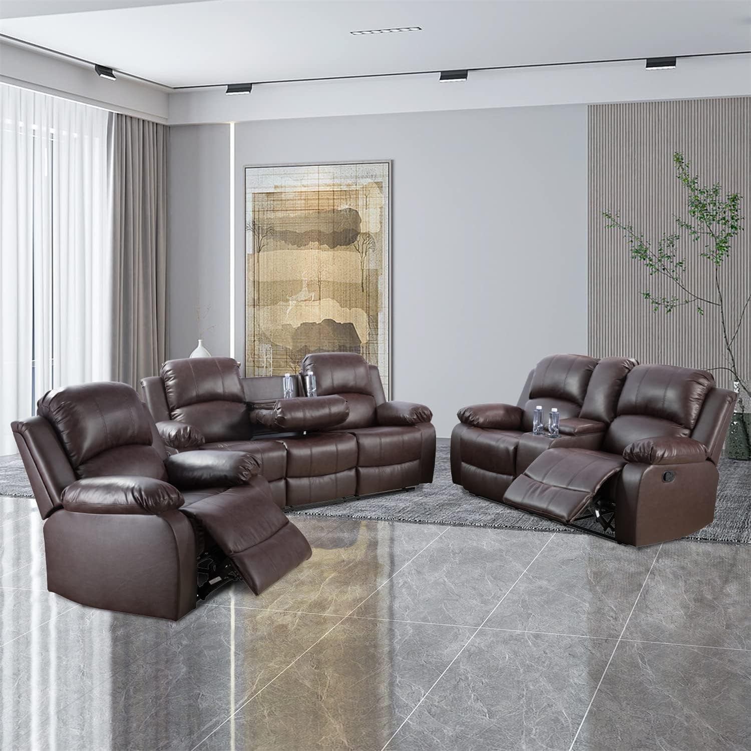 3 Piece Manual Recliner Sofa Couch, Home Theater Seating with Cup Holders, Living Room Furniture Sofa Set for Home Office
