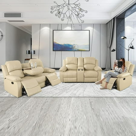 3 Piece Manual Recliner Sofa Couch, Home Theater Seating with Cup Holders, Living Room Furniture Sofa Set for Home Office