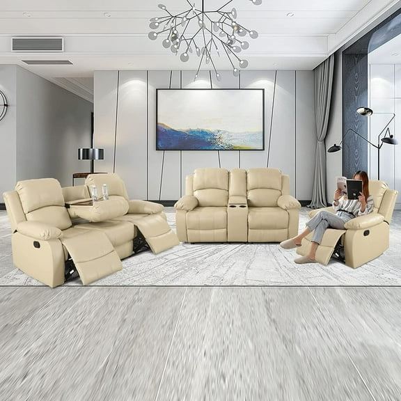3 Piece Manual Recliner Sofa Couch, Home Theater Seating with Cup Holders, Living Room Furniture Sofa Set for Home Office