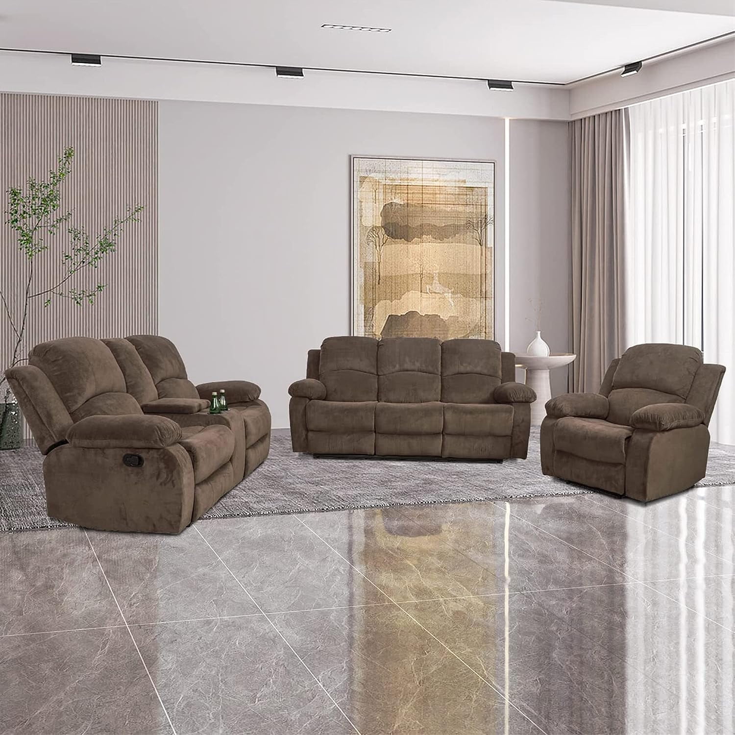 3 Piece Manual Recliner Sofa Couch, Home Theater Seating with Cup Holders, Living Room Furniture Sofa Set for Home Office