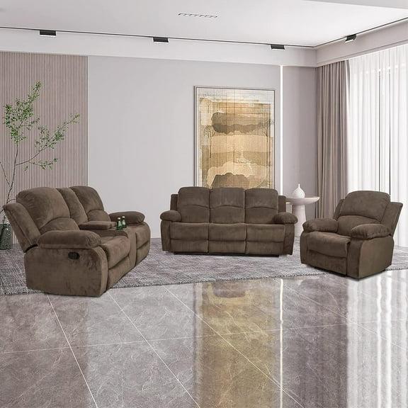 3 Piece Manual Recliner Sofa Couch, Home Theater Seating with Cup Holders, Living Room Furniture Sofa Set for Home Office