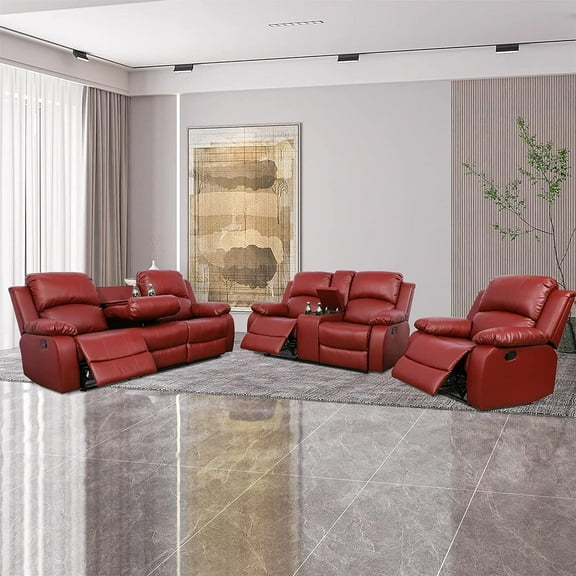 Pon Living Furniture Inc 3 Piece Modern Microfiber Reclining Living Room Set Red